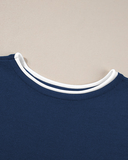 Navy Blue Loose Contrast Trim Half Sleeve Top and Drawstring Pants Set