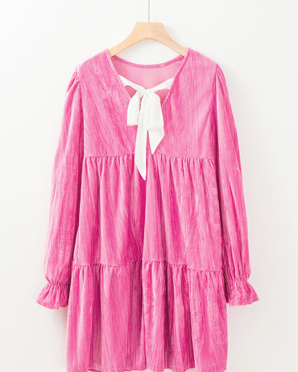 Strawberry Pink Flounce Sleeve Tiered Ruffled Velvet Mini Dress
