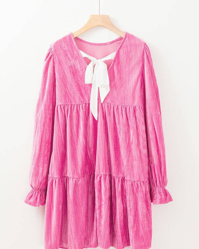 Strawberry Pink Flounce Sleeve Tiered Ruffled Velvet Mini Dress