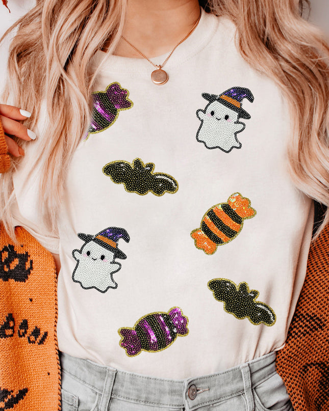 Black Sequined Halloween Spirit Pattern Patched Custom Casual Tee