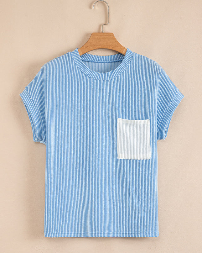 Dark Blue Corded Knit Color Block Pocketed Crew Neck T Shirt