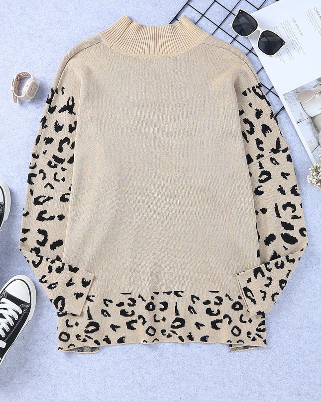 Khaki Leopard Casual Side Slit High Neck Oversized Sweater