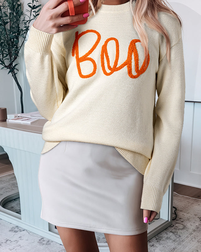 Apricot Halloween Boo Drop Shoulder Knit Sweater
