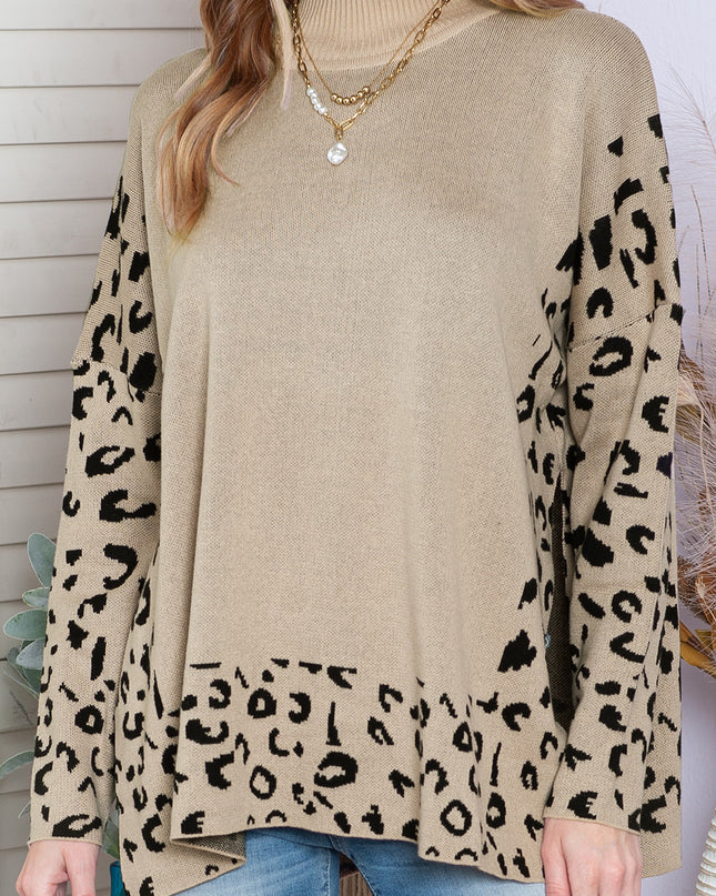 Khaki Leopard Casual Side Slit High Neck Oversized Sweater