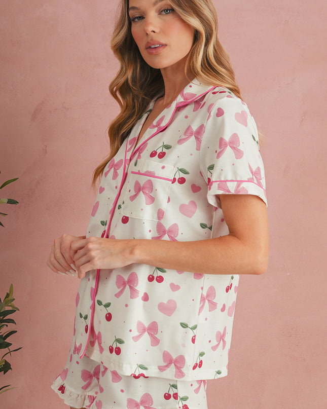 Pink Polka Dot and Bow Print Ruffle Hem Shorts Pajama Set