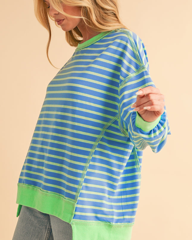 Pink Stripe Contrast Trim High Low Tunic Sweatshirt