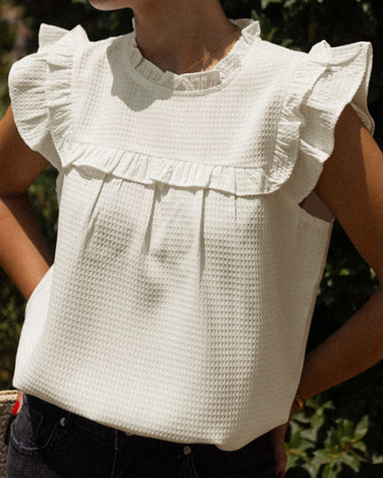 White Solid Color Ruffle Trim Waffle Textured Blouse