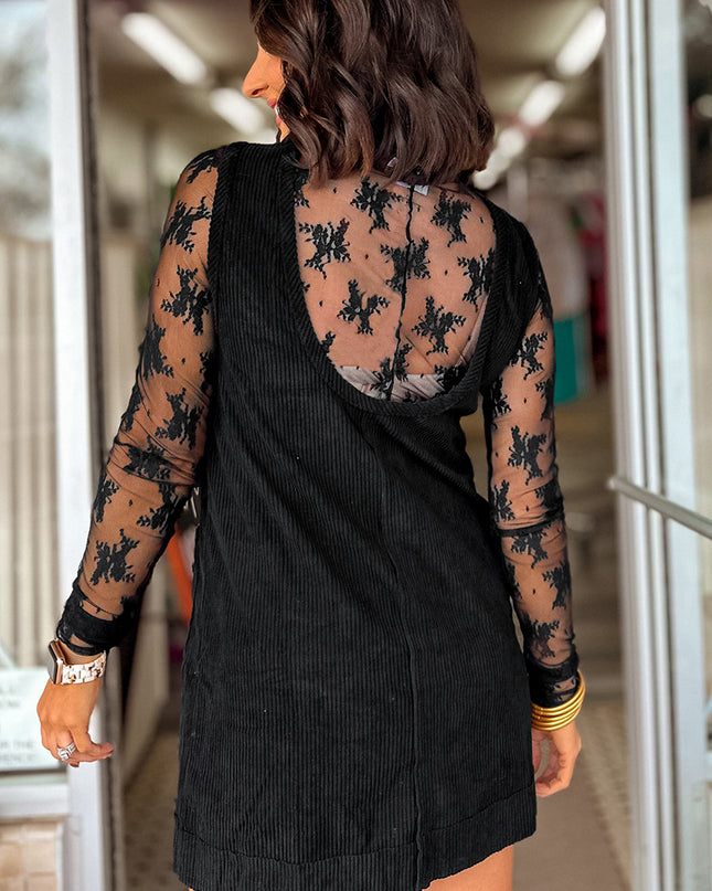 Black Corduroy Exposed Seam Sleeveless Mini Dress