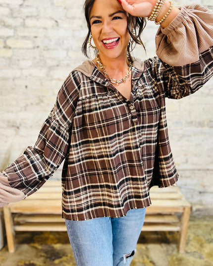 Brown Plaid Waffle Patchwork Henley Hoodie – Cozy Long Sleeve Top for Women