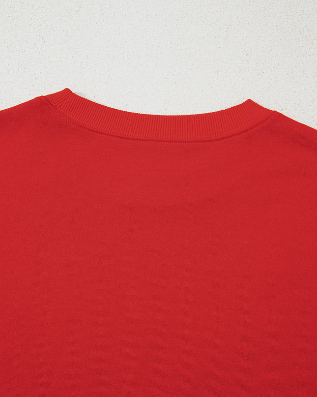 Fiery Red Preppy Striped Sleeve Loose Sweatshirt