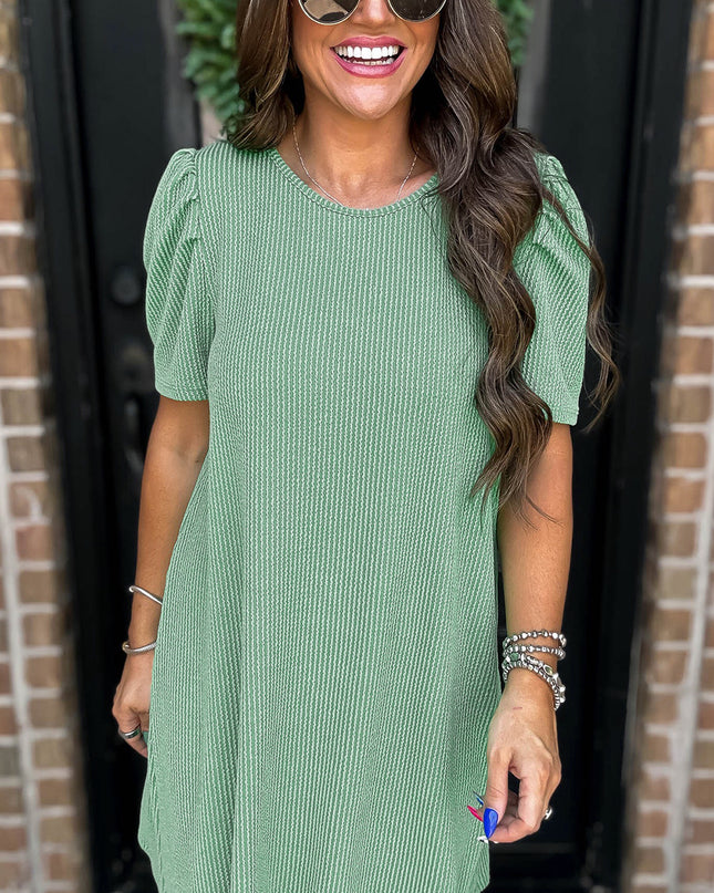 Blossom Corded Crew Neck Puff Sleeve Mini Dress