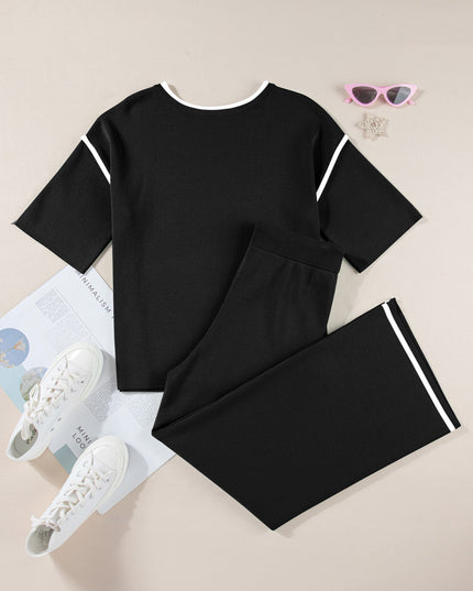 Navy Blue Loose Contrast Trim Half Sleeve Top and Drawstring Pants Set