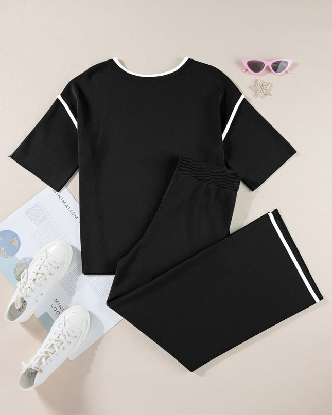 Navy Blue Loose Contrast Trim Half Sleeve Top and Drawstring Pants Set