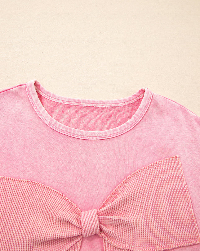 Bright Pink Mineral Wash Waffle Bow Patched Pullover Sweatshirt