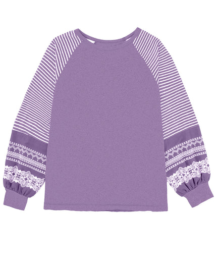 Rose Red Contrast Print Striped Raglan Long Sleeve Loose Top