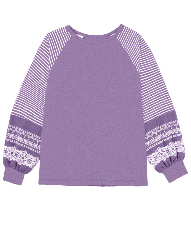 Rose Red Contrast Print Striped Raglan Long Sleeve Loose Top