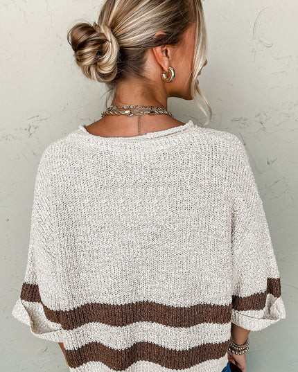 Brown Stripe Cropped Drop Sleeve Sweater