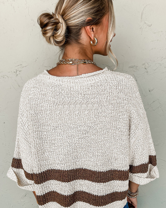 Brown Stripe Cropped Drop Sleeve Sweater