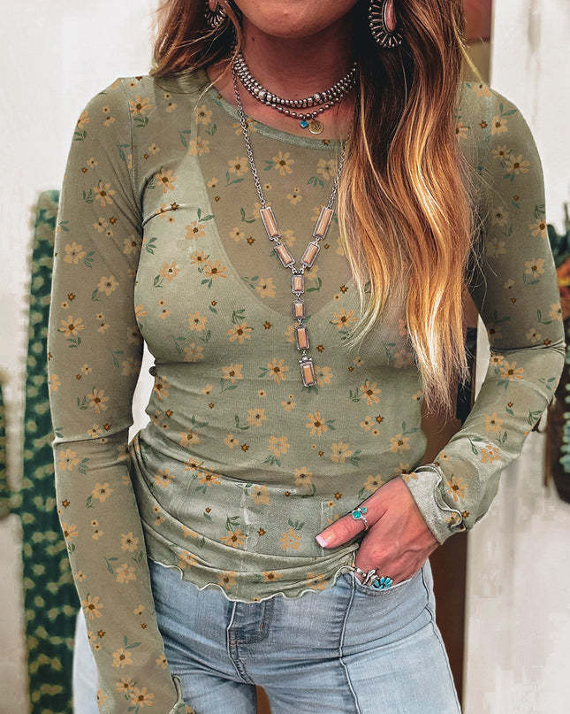 Laurel Green Vintage Floral Print Mesh Slim Fit Long Sleeve Top