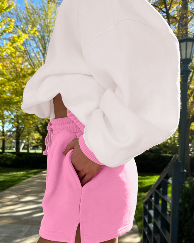 Strawberry Pink Colorblock Pullover and Drawstring Shorts Set