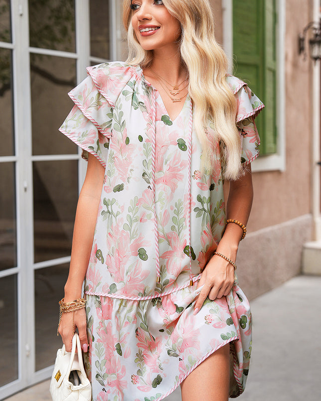 Orange Floral Contrast Edge Ruffle Sleeve Tie Neck Mini Dress