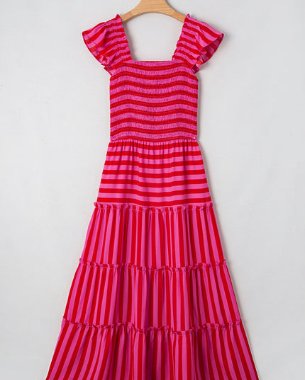 Rose Stripe Ruffle Strap Shirred Bodice Tiered Maxi Dress