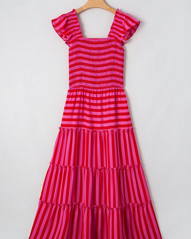 Rose Stripe Ruffle Strap Shirred Bodice Tiered Maxi Dress