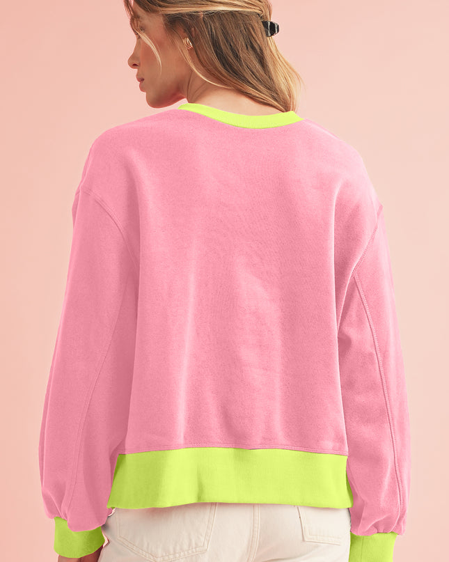 Blue Contrast Trim Bubble Sleeve Sweatshirt