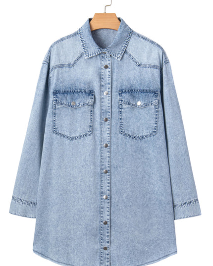 Denim Shirt Dress with Chest Pocket – Raw Hem Oversized Loose Fit Mini Dress (Blue Cotton)