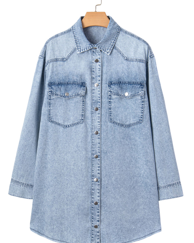 Denim Shirt Dress with Chest Pocket – Raw Hem Oversized Loose Fit Mini Dress (Blue Cotton)
