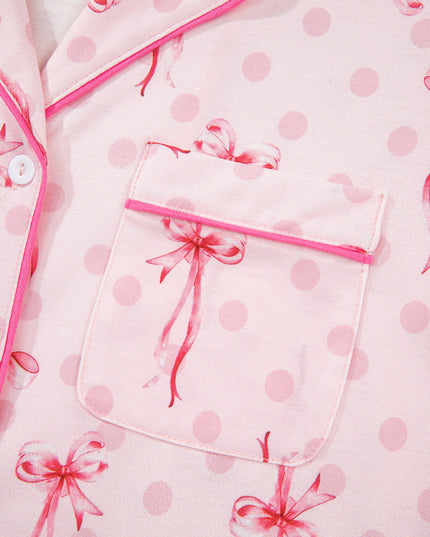 Pink Polka Dot and Bow Print Ruffle Hem Shorts Pajama Set