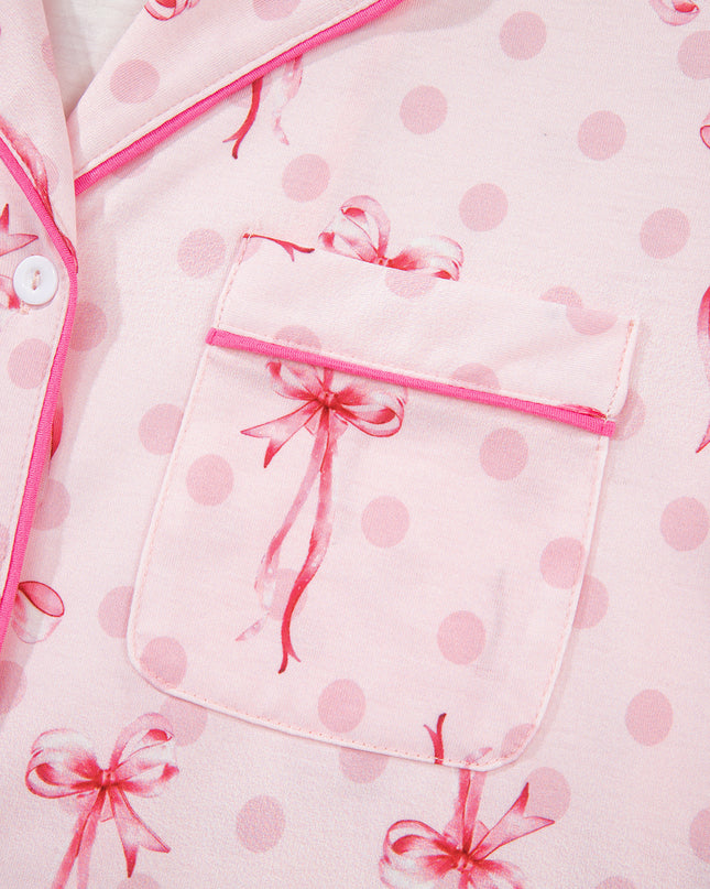 Pink Polka Dot and Bow Print Ruffle Hem Shorts Pajama Set