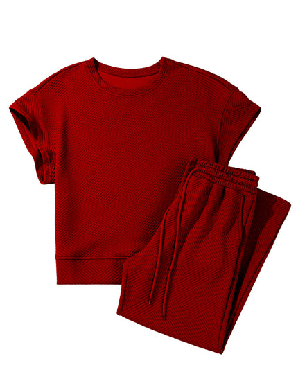 Black Textured Loose Fit T Shirt and Drawstring Pants Set
