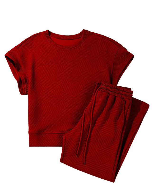 Black Textured Loose Fit T Shirt and Drawstring Pants Set