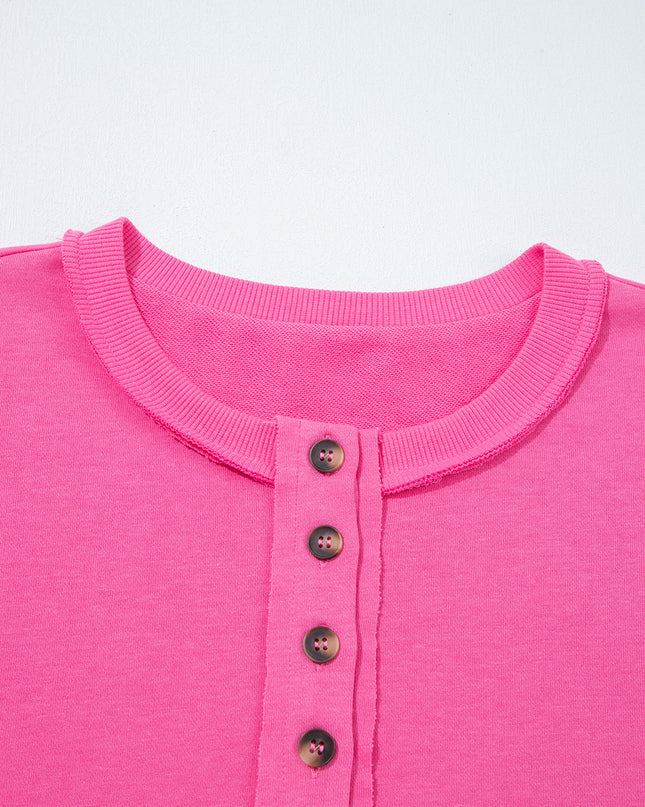 Bright Pink Raw Edge Henley Pullover and Jogger Pants Set