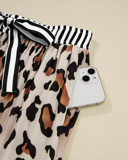 Khaki Leopard Print Colorblock Striped Patchwork Shirt and Pants Pajama Set