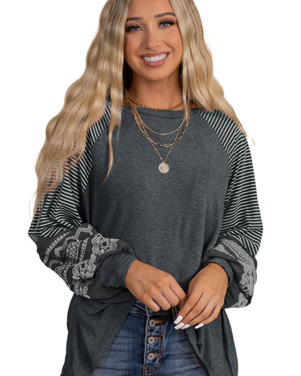 Rose Red Contrast Print Striped Raglan Long Sleeve Loose Top