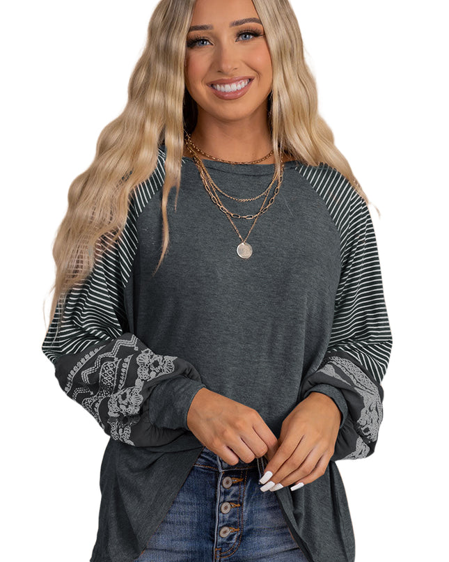 Rose Red Contrast Print Striped Raglan Long Sleeve Loose Top