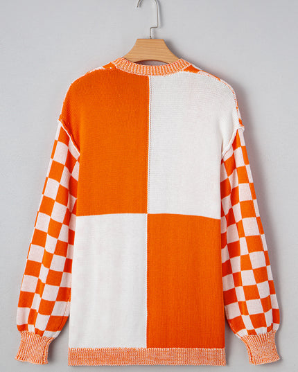 Orange Checkered Open Front Drop Shoulder Cardigan