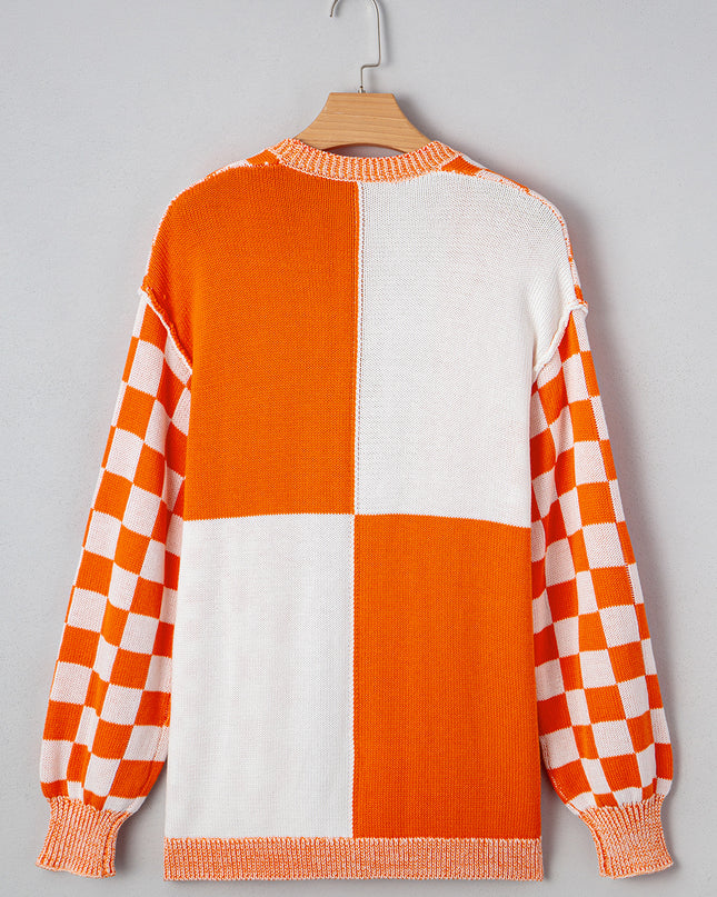 Orange Checkered Open Front Drop Shoulder Cardigan