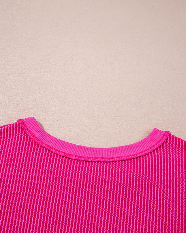 Strawberry Pink Twisted Ribbed Seamed Patchwork Long Sleeve Top