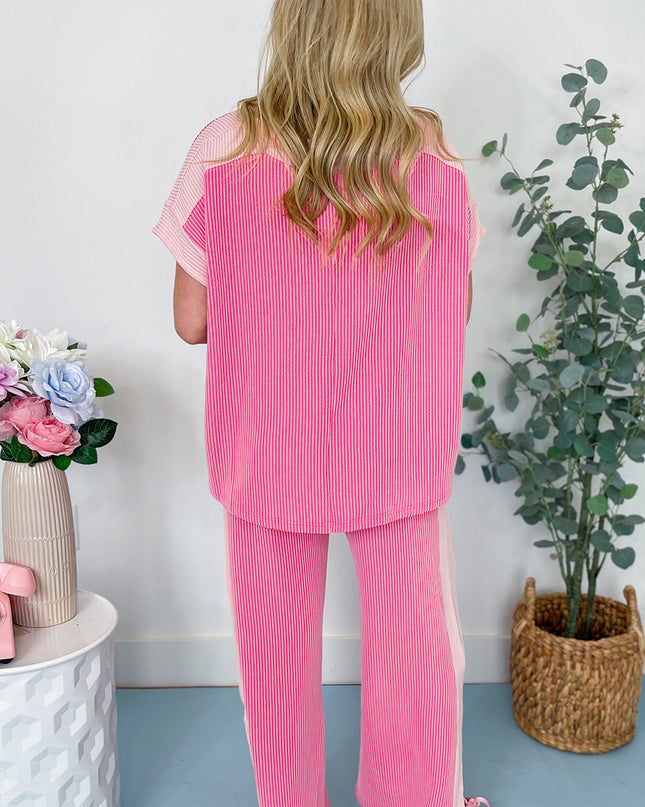 Sachet Pink Colorblock Patchwork Corded Pants Set