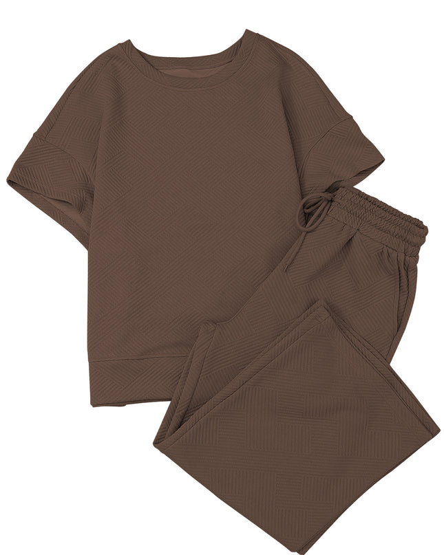 Black Textured Loose Fit T Shirt and Drawstring Pants Set