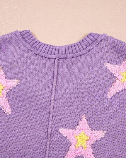 Lavendula Brushed Star Graphic V Neck Drop Shoulder Oversize Sweater