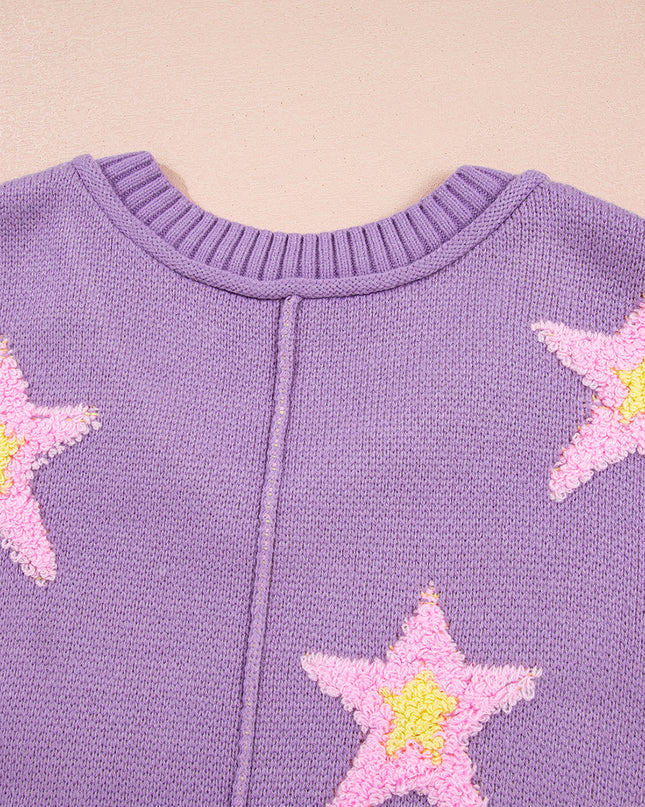 Lavendula Brushed Star Graphic V Neck Drop Shoulder Oversize Sweater