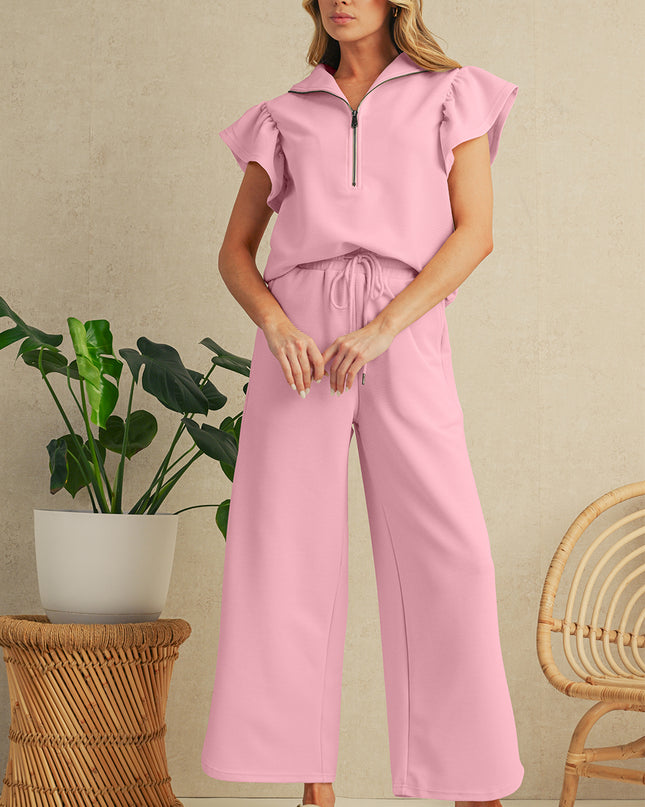 Beau Blue Textured Ruffle Sleeve Zipped Top and Wide Leg Pants Set