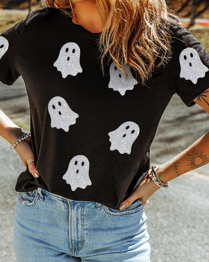 Black Glitter Ghost Pattern Crew Neck Halloween Graphic T Shirt