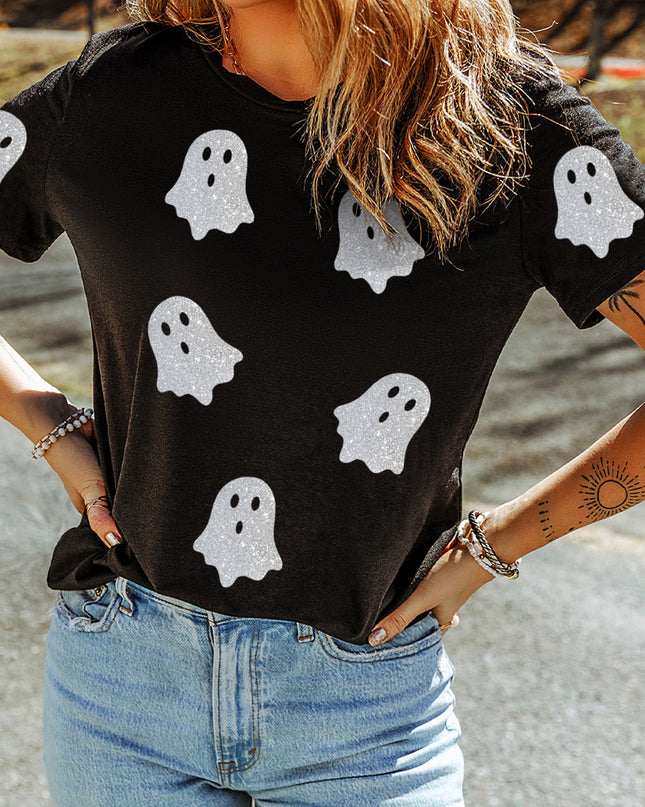 Black Glitter Ghost Pattern Crew Neck Halloween Graphic T Shirt