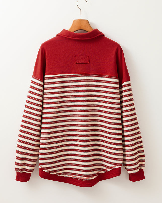 Red Stripe Collared V Neck Drop Shoulder Top