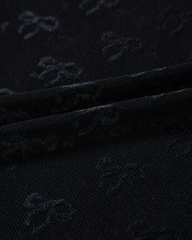 Black Bow Pattern Long Sleeve Slim Fit Mesh Top